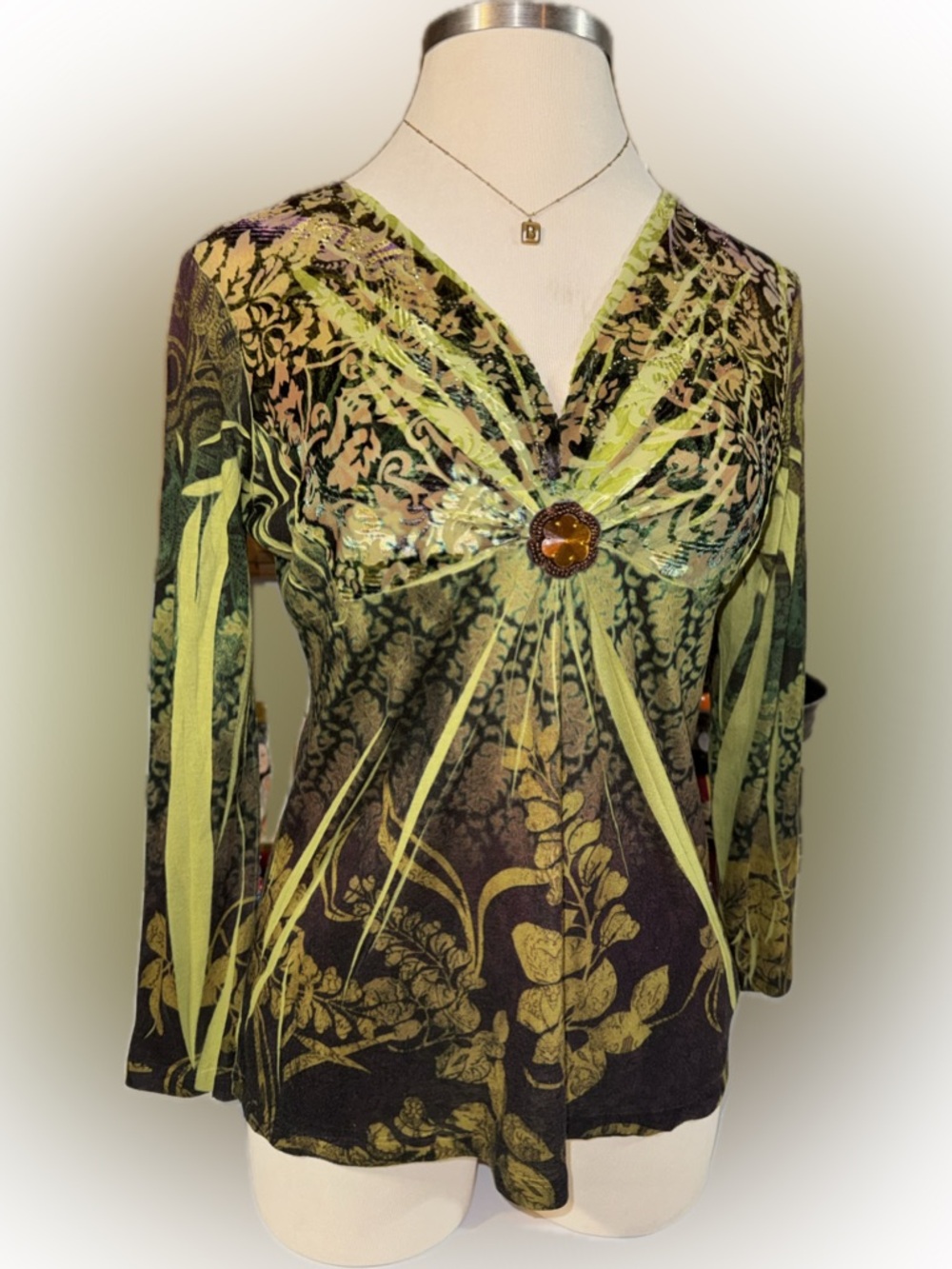 Y2K B.L.E.U. Green Multicolor Boho  Floral V-Neck with Embellished Medallion
